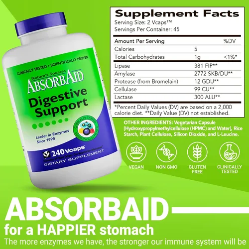 Vista 4 de AbsorbAid Enzimas digestivas 240 vCaps, probado para aumentar la absorción de nutrientes vitales hasta en un 71%