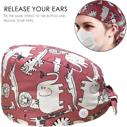 Vista 4 de Poetele - 2 gorras de trabajo con botón y banda para el sudor, ajustable, para atar en la espalda, talla única, para mujeres y hombres, marrón