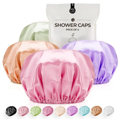 Vista 10 de Gorro de ducha para mujer, reutilizables, extra grandes, para hombres, de satén, de doble capa, EVA, impermeable, gorro de pelo largo