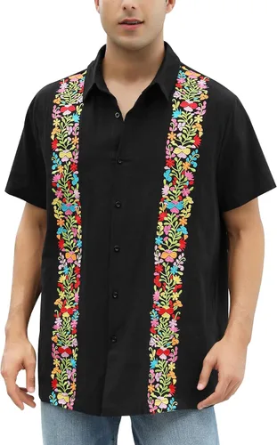 Vista 11 de Camisas mexicanas para hombre, camisa de manga corta bordada con botones y cuello de guayabera tradicional Alebriges Negro