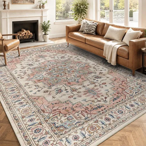 Vista 55 de Alfombra de pasillo vintage de 2 x 6 pies de pelo bajo Marrón beige