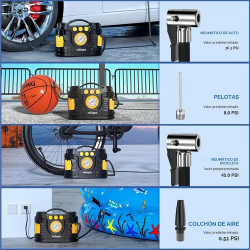 Vista 5 de Nilight Inflador de neumáticos Compresor de aire portátil de doble potencia 12 V CC para automóvil, 110 V CA para el hogar, bomba con manómetro