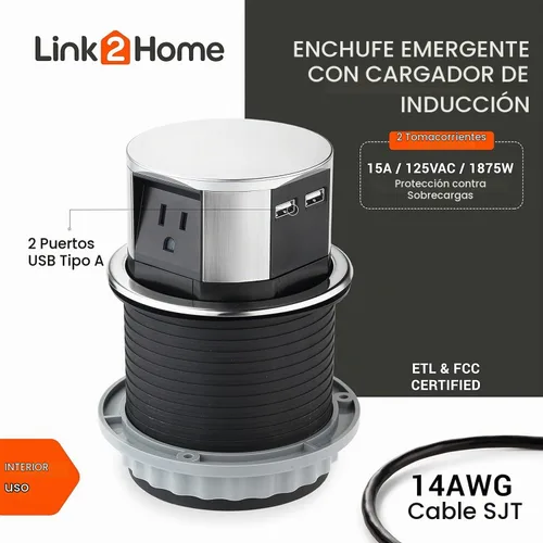 Vista 2 de Link2Home Paquete de 2 enchufes emergentes que ahorran espacio con USB, 3 tomas de corriente de 15 A, 2 puertos USB de 2.4 A de carga rápida