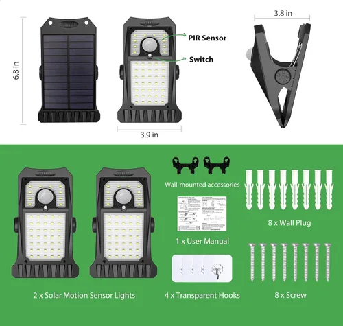 Vista 7 de Tryme 45LEDs Luces solares para exteriores con sensor de movimiento, luces de clip con sensor de movimiento, 3 modos, 3 formas de montaje, luz