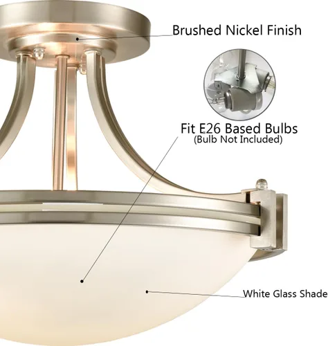 Vista 3 de SAMTEEN Lámpara de techo semiempotrada de níquel cepillado moderna de 3 luces de vidrio blanco para pasillo, lámpara de techo para dormitorio, sala
