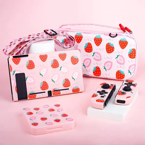 Vista 7 de RHOTALL Cute Strawberry Carrying Case for Nintendo Switch, Hard Portable Travel Case for Switch Accessories with Protective Shell, Shoulder Strap