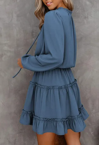 Vista 7 de LaSuiveur Vestidos casuales de otoño para mujer, cuello en V, cuello de lazo, manga larga, cintura alta, lunares, volantes, escalonado, mini vestido