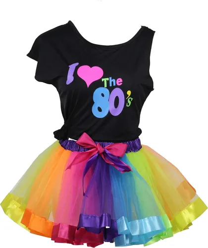Vista 2 de I Love 80s - Tutu arcoíris, falda para niñas, accesorios, conjunto