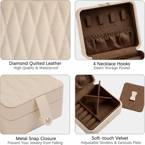 Vista 3 de KAMIER Joyero de viaje, de cuero acolchado con diamante, cajas de joyería portátiles para mujeres y niñas, organizador pequeño para collares