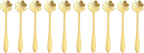 Vista 7 de Cuchara de flores de acero inoxidable de 10 piezas, cucharas creativas de postre doradas, cucharas de café, agitadores de café, cuchara de té