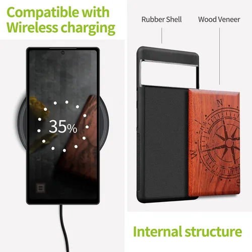 Vista 5 de Carveit Funda de madera para Pixel 7 [madera natural y TPU suave negro] a prueba de golpes, funda de madera única y elegante compatible con Google