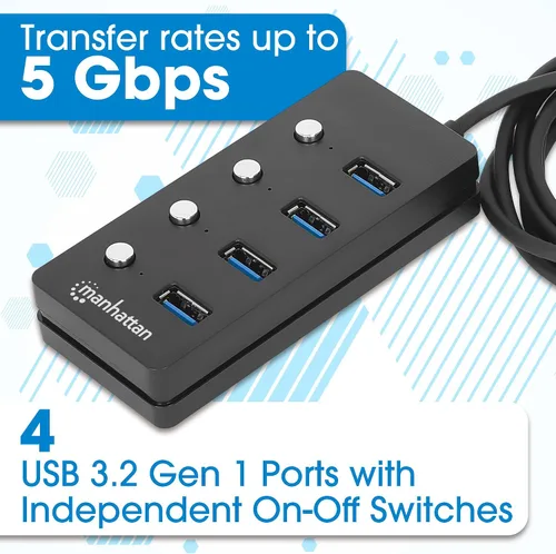Vista 3 de Concentrador de cable de extensión USB de 4 puertos con cable de 5 pies de largo, interruptores de encendido/apagado USB 3.2 alimentados por USB
