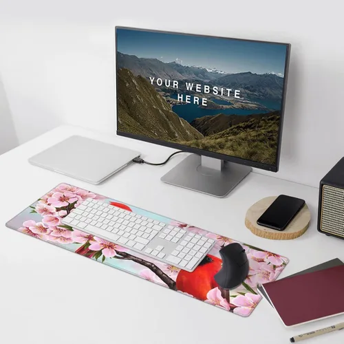 Vista 3 de Alfombrilla de mouse grande con bonitos pájaros rojos en flores de cerezo extendida con bordes cosidos, alfombrilla de mouse para computadora