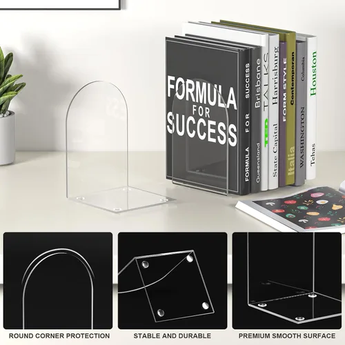 Vista 3 de Sujetalibros acrílicos de 4 piezas, sujetalibros transparentes para estantes, extremos de libros para estantes y organizador de escritorio, tapón
