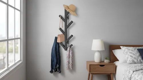 Vista 4 de Vlush Perchero de Metal para Montar en la Pared con 6 Ganchos, Perchero de Ropa Moderno y Minimalista, Perchero Vertical para Colgar Ropa