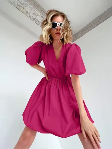 Vista 8 de PRETTYGARDEN Vestidos cortos de verano para mujer, estilo casual, manga abombada, cuello en V, volantes, color sólido, vestido acampanado