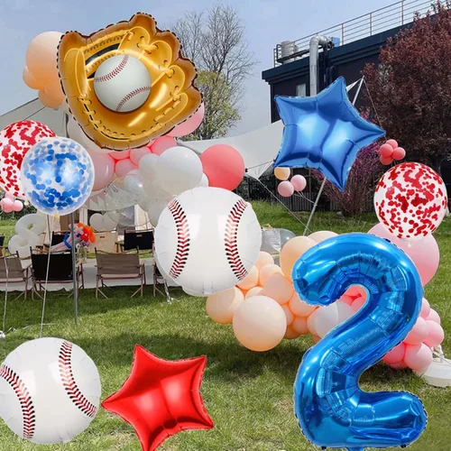 Vista 6 de Globos de béisbol de papel de aluminio para decoración de cumpleaños, globos con el número 2, globos de confeti de estrella roja y azul