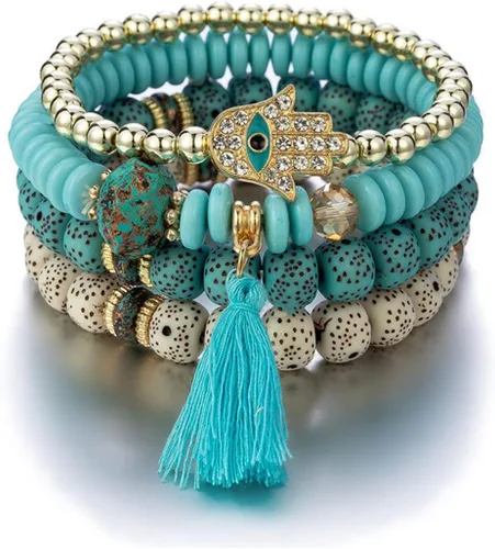 Vista 7 de Caiyao Juego de pulseras apilables de múltiples capas con cuentas de mal de ojo bohemio, multicolor, boho, con dije de semillas de Hamsa Fátima a