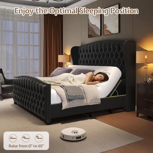 Vista 4 de LUXOAK Base de cama ajustable tamaño Queen con cabecero copetudo y respaldo de ala, base de cama ajustable inteligente con doble motor y control