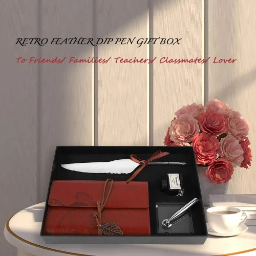 Vista 7 de Zopsc Cuaderno de cuero retro con pluma estilográfica con tinta de bolígrafo, juego de bolígrafo de caligrafía, cuaderno de cuero para regalo (rojo)