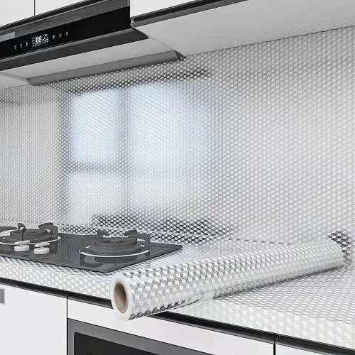 Vista 2 de Adhesivo de Papel de Aluminio Impermeable y Resistente al Aceite para Cocina, Papel Tapiz de Cuadros Despegable y Adhesivo, Papel Removible