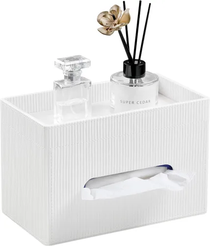 Vista 9 de Funda para Caja de Paños Rectangular con Bandeja de Almacenamiento, Soporte de Paños de PU para Tocador de Baño, Mesitas de Noche, Dormitorio