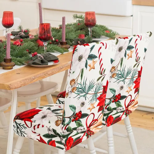 Vista 5 de 4 fundas para sillas de Navidad, diseño de flor de pascua roja vintage, fundas protectoras elásticas extraíbles y elásticas para el hogar, cocina