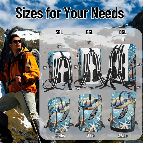 Vista 3 de Bolsa seca impermeable Bolsas secas marinas para kayak, senderismo, tortugas marinas, estrellas de mar, mochila con cierre enrollable, mochila
