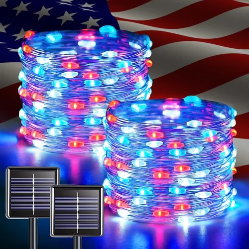 Vista 31 de JMEXSUSS Paquete de 2 luces solares de Navidad impermeables para exteriores, 100 LED de 33 pies, color blanco y multicolor, luces solares de hadas
