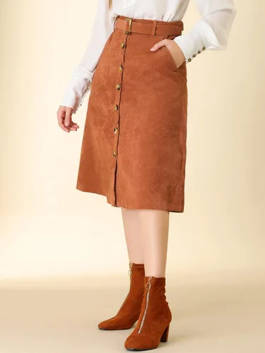 Vista 4 de Allegra K Falda midi de pana con cinturón y botones frontales de cintura alta para mujer
