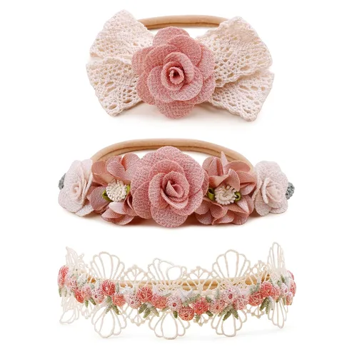 Vista 17 de Diadema floral de nailon para bebé, corona de flores, banda elástica para el cabello, 3 piezas, accesorios para el cabello, regalo para niñas, 2#