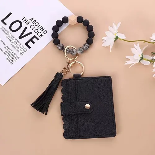 Vista 6 de Llavero pulsera cartera tarjetero bolsillo muñeca coche llavero brazalete para mujer, Negro