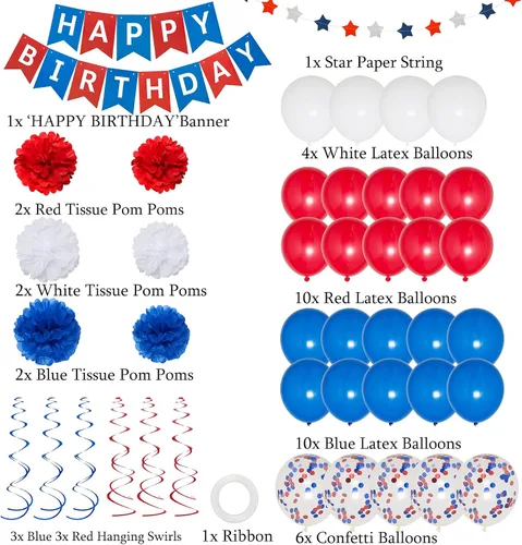Vista 4 de Decoraciones de cumpleaños azules, blancas y rojas, kit de suministros de fiesta patriótica para hombres, mujeres y niños, pancarta de feliz