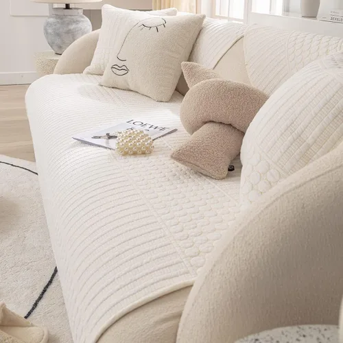Vista 4 de vctops Funda acolchada para sofá con patrón geométrico bohemio, de algodón de color liso, antideslizante, protector de muebles para perros y Crema a