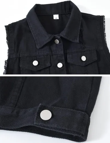 Vista 4 de Locachy Chaleco de mezclilla casual para mujer, ajustado, sin mangas, rasgados