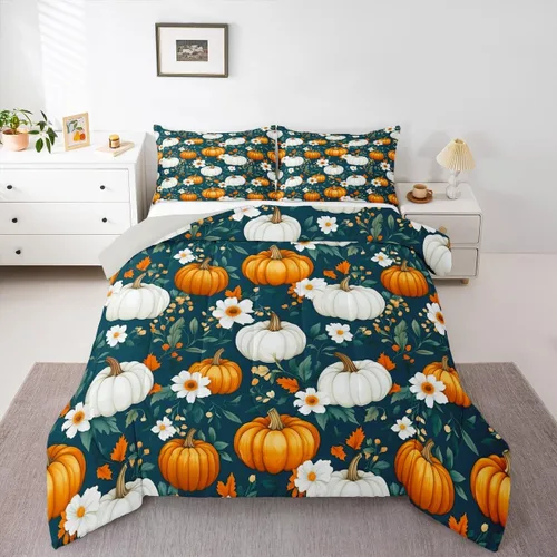 Vista 43 de Erosebridal Juego de edredón individual de pavo de Acción de Gracias, juego de ropa de cama de calabaza con hojas de otoño para niños y adultos