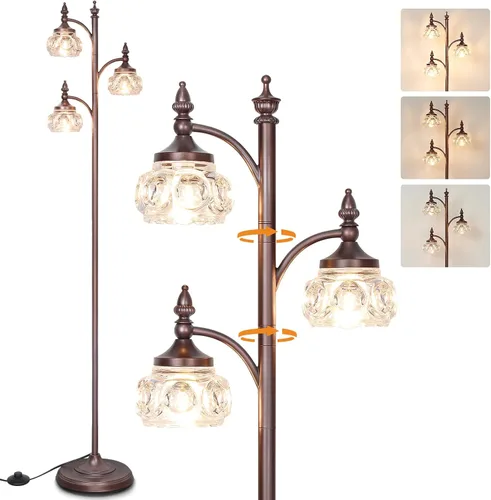 Vista 23 de JUNNAI Lámparas de pie negras para sala de estar, lámparas de pie de 66.5 pulgadas con pantalla de cristal, luces de brillo de 3 vías, lámpara