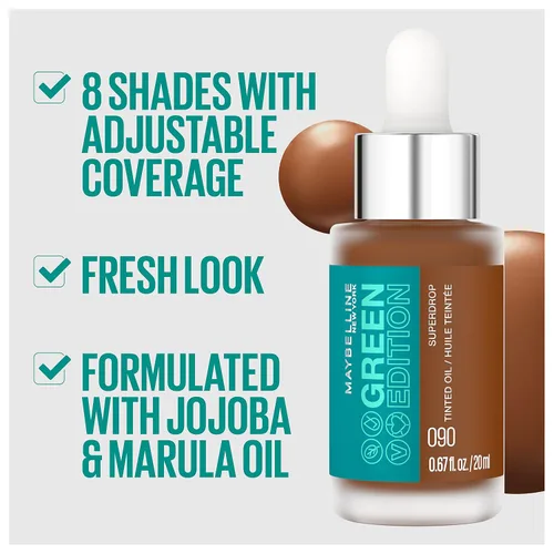 Vista 4 de Maybelline Green Edition Superdrop - Base de maquillaje de base de aceite tintado, base de cobertura natural ajustable formulada con aceite de 95