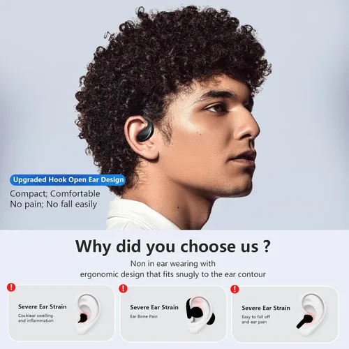 Vista 4 de Auriculares inalámbricos con clip abierto para la oreja con conducción ósea, Bluetooth 5.4, diseño de oreja abierta, micrófono integrado, IPX5
