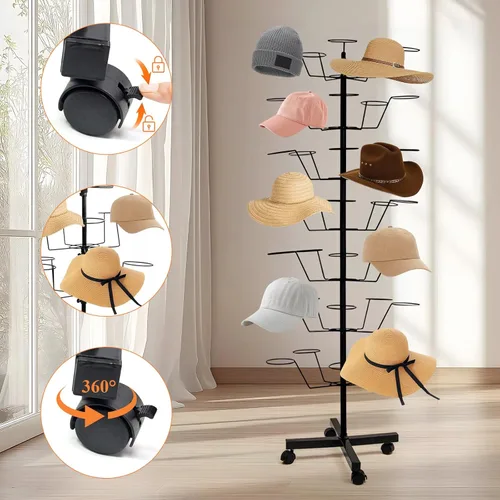 Vista 6 de uyoyous Soporte giratorio de 7 niveles para tiendas minoristas, organizador de exhibición de sombreros de metal resistente con ruedas, capacidad