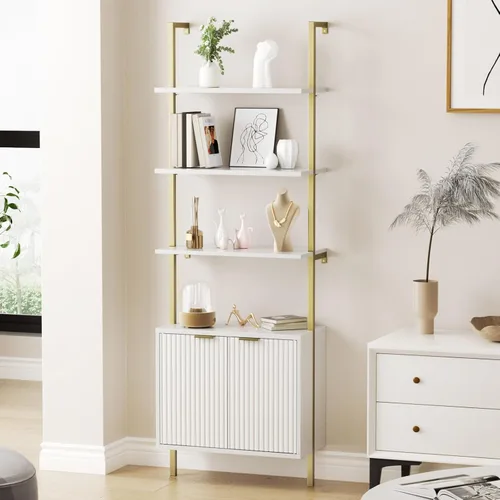 Vista 10 de Estantería de escalera con gabinete, estantería de pared de 71 pulgadas de alto con estantes y almacenamiento, estante de escalera estriado