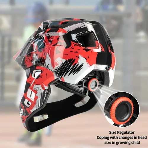 Vista 5 de Kids Bike Helmet with Chin Guard, Adjustable Full Face Helmet Negro-rojo