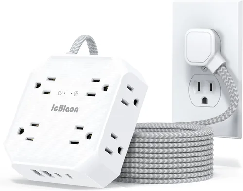 Vista 8 de Protector de sobretensiones - Cable de extensión de enchufe plano de 15 pies con 8 tomas amplias y 4 puertos USB (2 USB C), extensor de salida