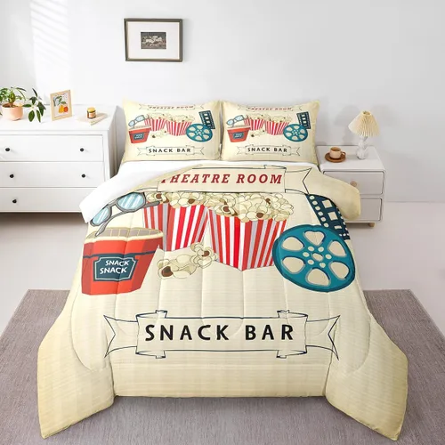 Vista 14 de Juego de edredón de cine tamaño individual, ropa de cama vintage de cine para niños, niñas y adultos, juego de edredón de palomitas de maíz
