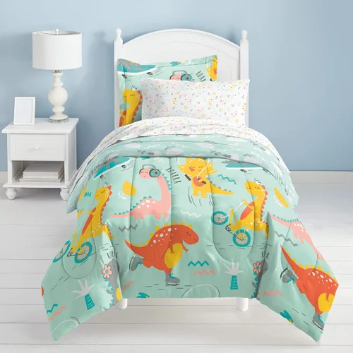 Vista 131 de Dream Factory Dinosaur Blocks - Juego de edredón de microfibra ultrasuave para niños, color azul, tamaño individual Bloques de dinosaurios azules
