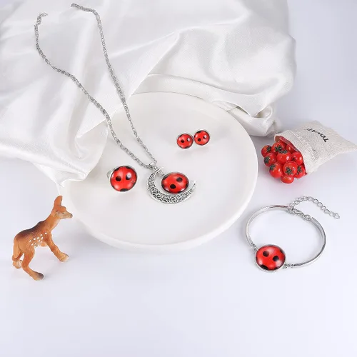 Vista 3 de HAIAISO Joyería de mariquita de la buena suerte pulsera de mariquita roja collar de luna juego de aretes para amantes de las mariquitas regalo