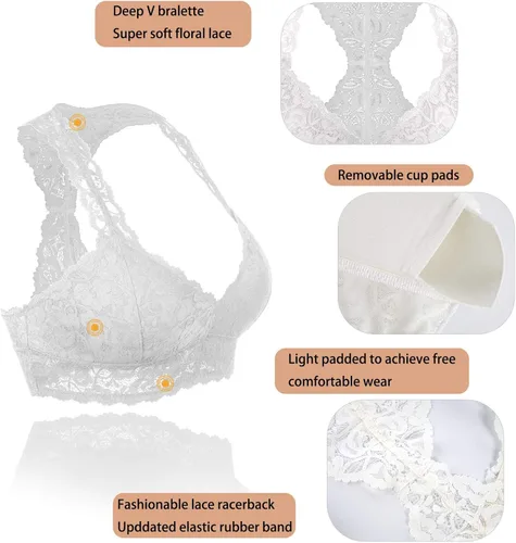 Vista 3 de BRABIC Bralette de encaje con espalda cruzada y cuello en V profundo para mujer