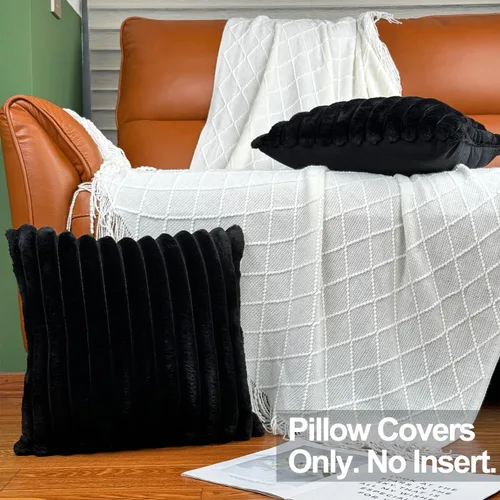 Vista 2 de Juego de 2 fundas de almohada decorativas de 16 x 16 pulgadas, fundas decorativas de piel sintética para cama, sofá, funda de almohada suave y Negro