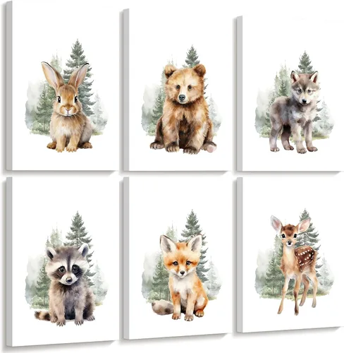 Vista 11 de Juego de 6 decoración de pared de animales marinos para guardería, lienzo de acuarela de océano, arte de pared para habitación de bebés y niños