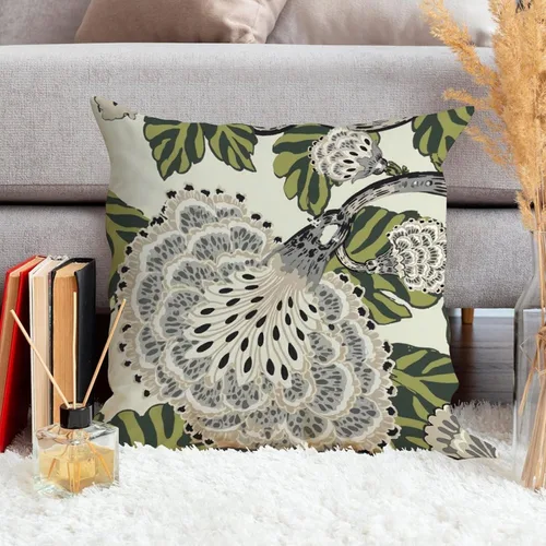 Vista 4 de ArogGeld Funda de cojín con flores verdes y blancas con flores grises y negras y hojas verdes en estilo chinoiserie, funda de almohada cuadrada